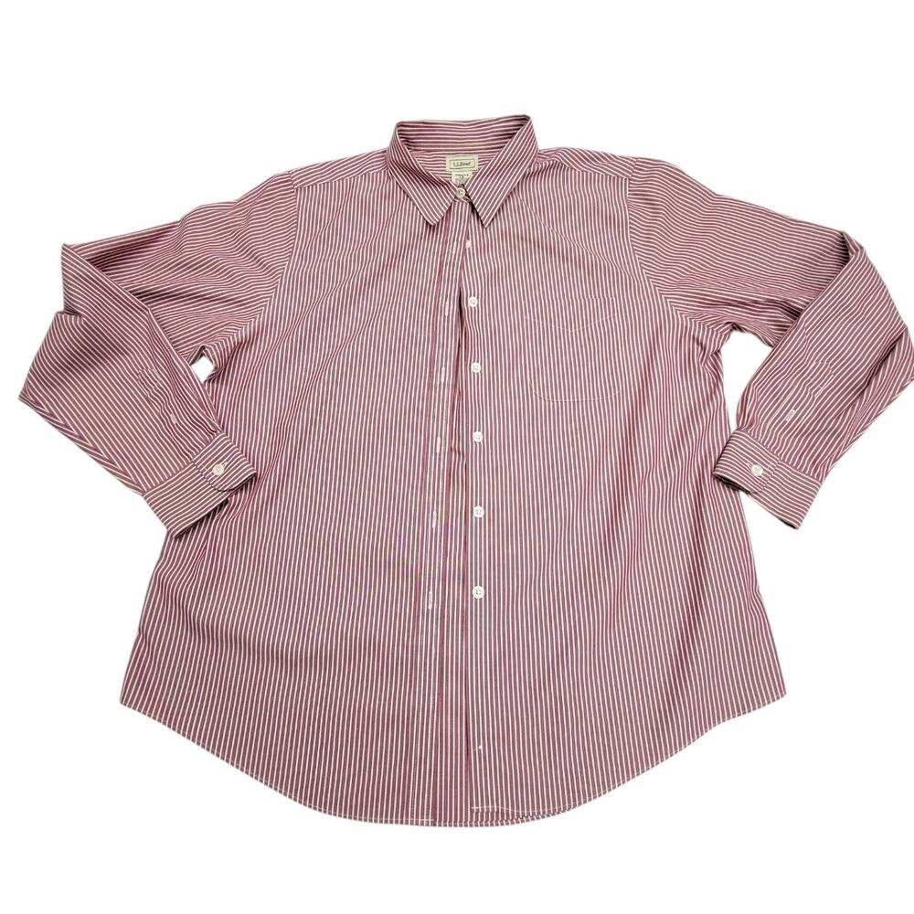 LL Bean Womens Large Button Down Shirt Long Sleeve Red Stripe Cotton Blouse